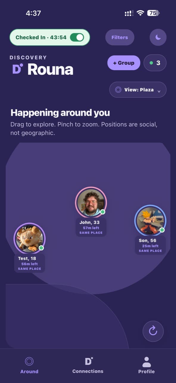 Rouna discovery showing three checked-in people in the same plaza.