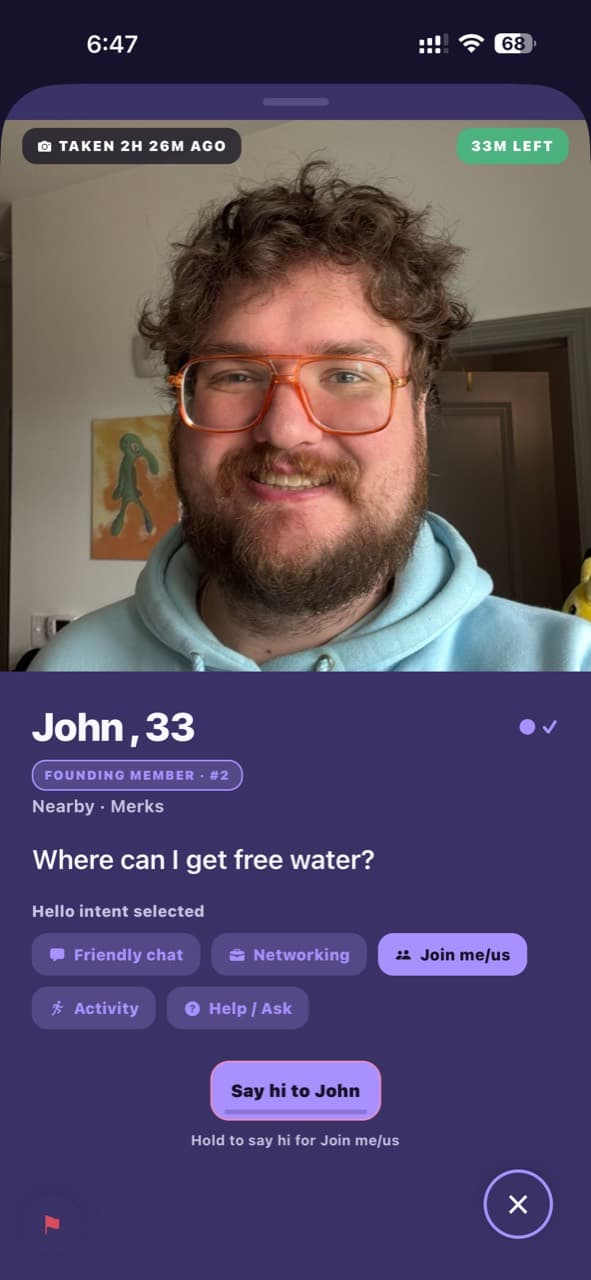 John's current Rouna face card with Join me or us selected and a Say hi button.