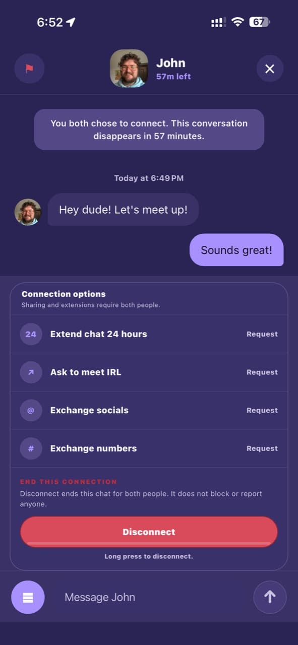 Rouna connection options for extending a chat, meeting in real life, or exchanging contact details by mutual request.