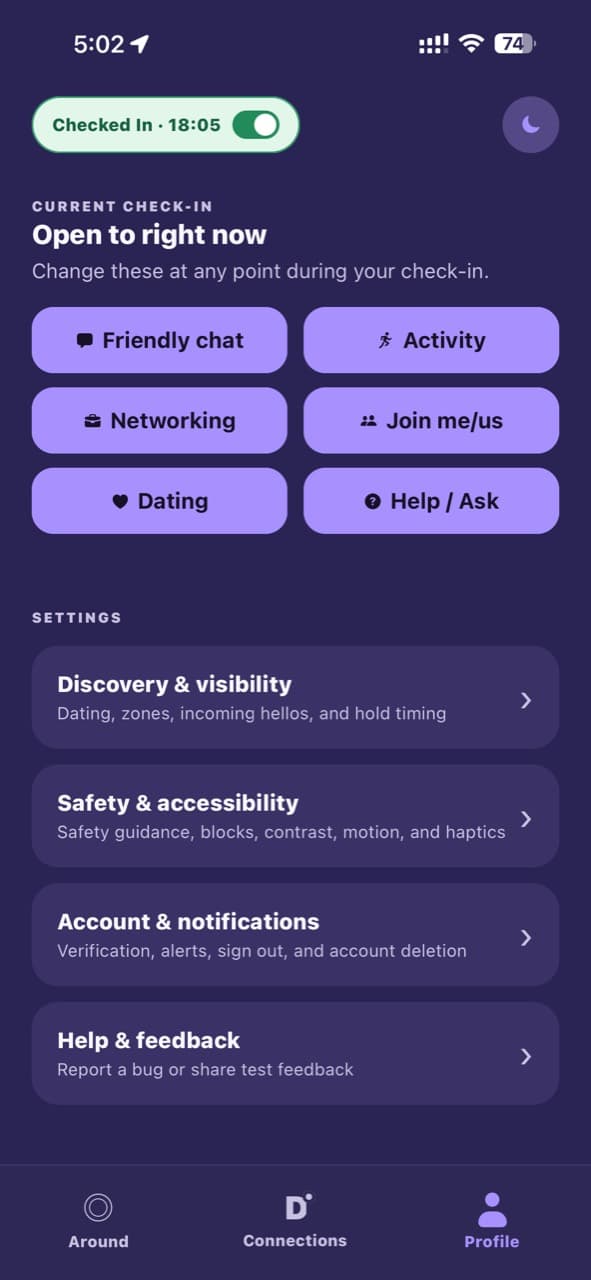 Rouna profile settings showing discovery, safety, account, notification, help, and feedback controls.